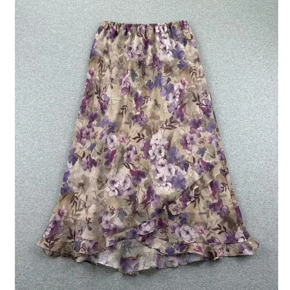 90s VTG Fairy Grunge 2-pc Floral Maxi Skirt Set 8P Purple Whimsigoth Ruffle Trim